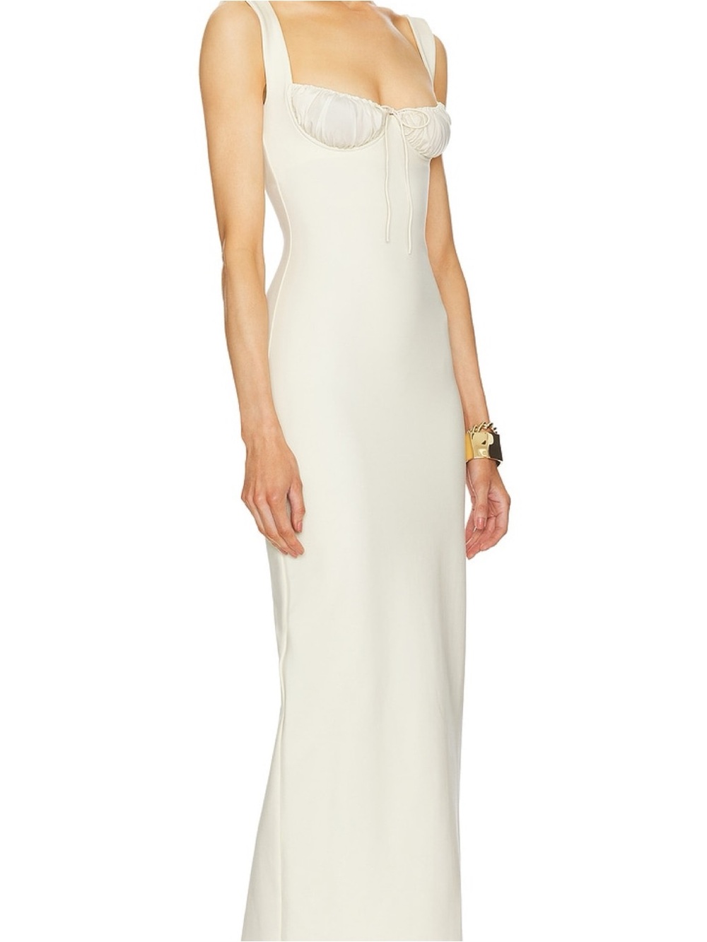 Sleek Cream Maxi Dress with Ruched Bust and Wide Straps